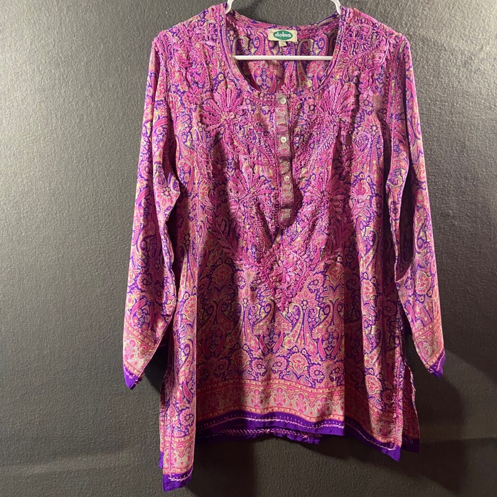 Dolma silk Tunic Top Paisley Hand Embroidered Henley Pink Purple XL boho artsy